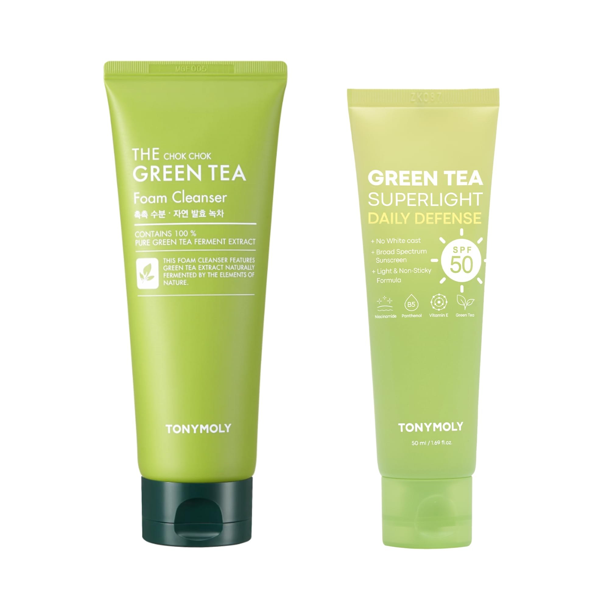 TONYMOLY Green Tea SPF 50 Sunscreen Chok Chok Green Tea Foam Cleanser Skincare Bundle 50ml 1 Count