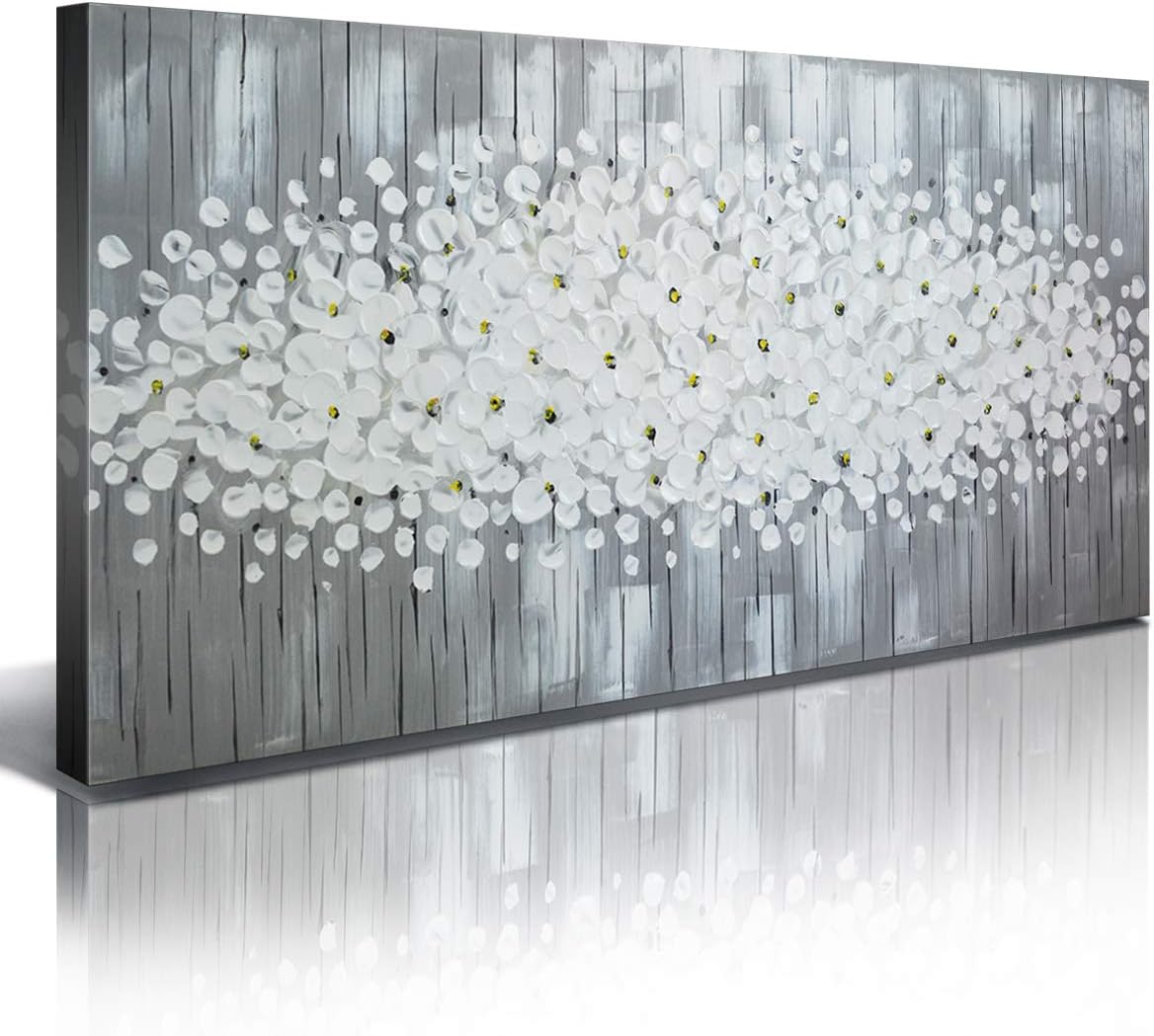 Abstract Modern Canvas Wall Art Flower Oil Painting 100% Hand Painted 3D Pure Gray White Flowers Framed Contemporary Decoration Simple Life Beautiful Blossom Floral Picture Ready to Hang (20x40 inch)