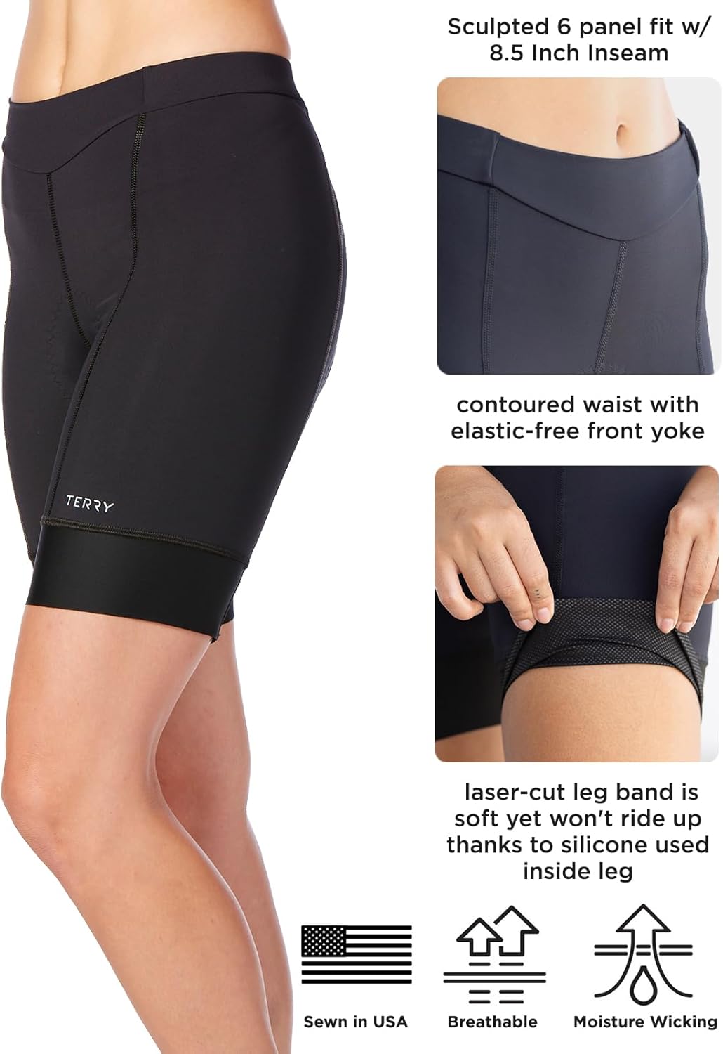 Terry Bella Prima Bike Shorts Womens Padded Bike Shorts 8.5" Inseam Compression Silicone Leg Cycling Shorts Premium Chamois - Image 4