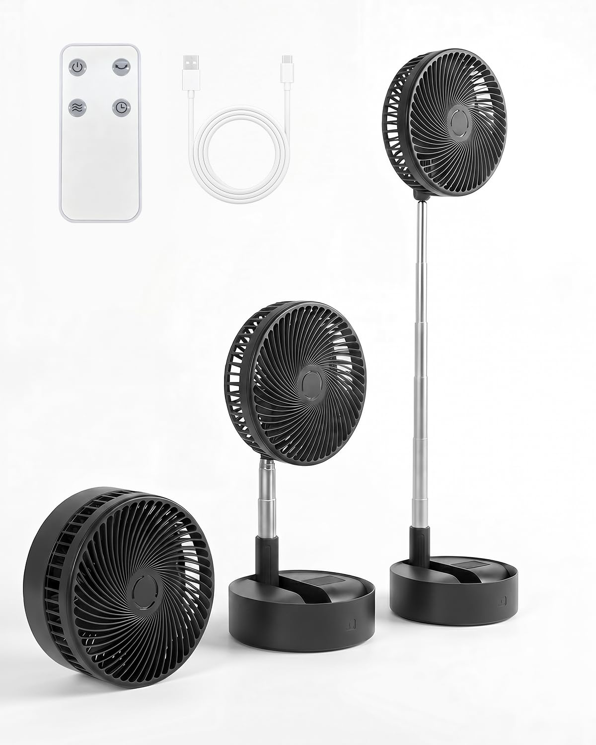 Leise 8" Tragbarer Standventilator mit Fernbedienung, 8000mAh Akku Aufladbar USB C Tischventilator, 5 Geschwindigkeitsstufen, 90°/120°-Oszillation, 1–8-Stunden-Timer, für Schlafzimmer(Schwarz)