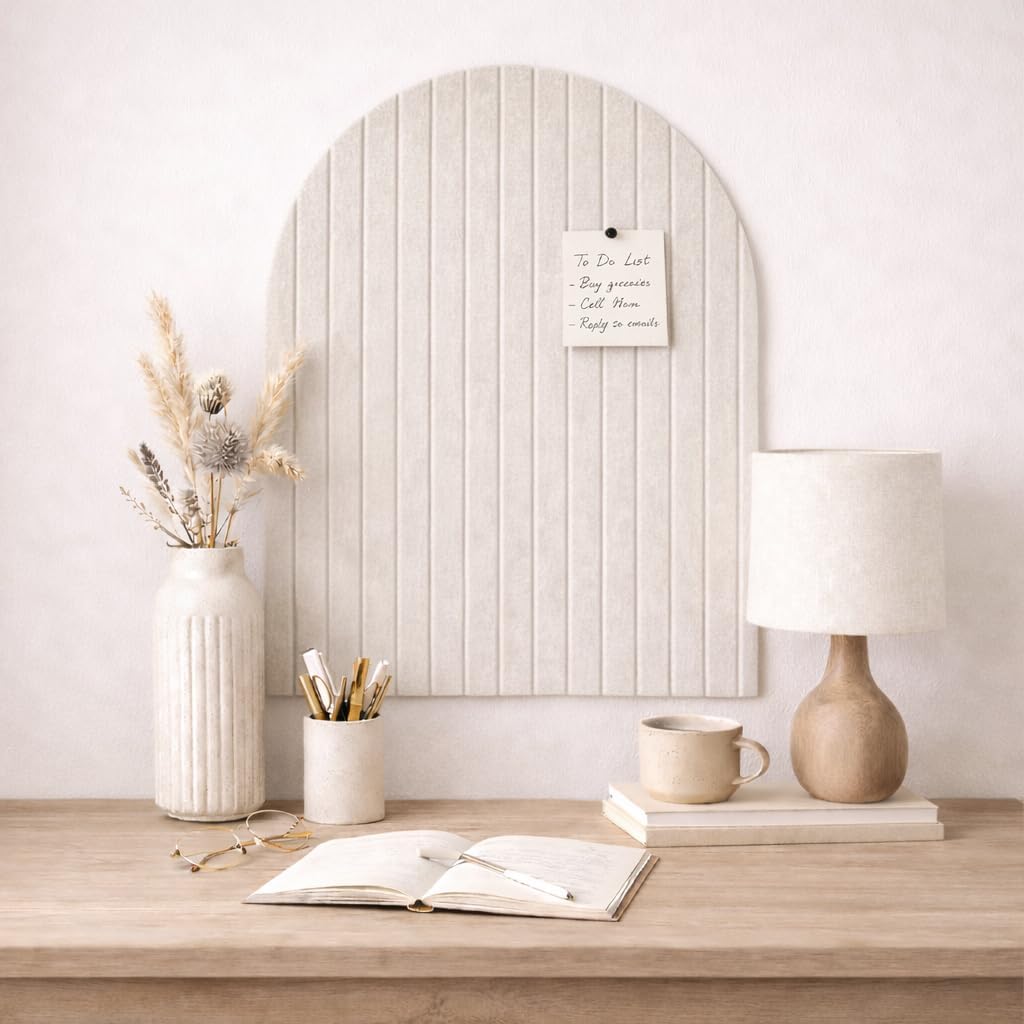 Orelle Fluted Arch Felt Bulletin Board | Foldable Peel and Stick Felt Board for Wall | Aesthetic Arch Pin Boards for Walls, Office, Vision Board, Kids Art Display | 23 x 31”| Beige