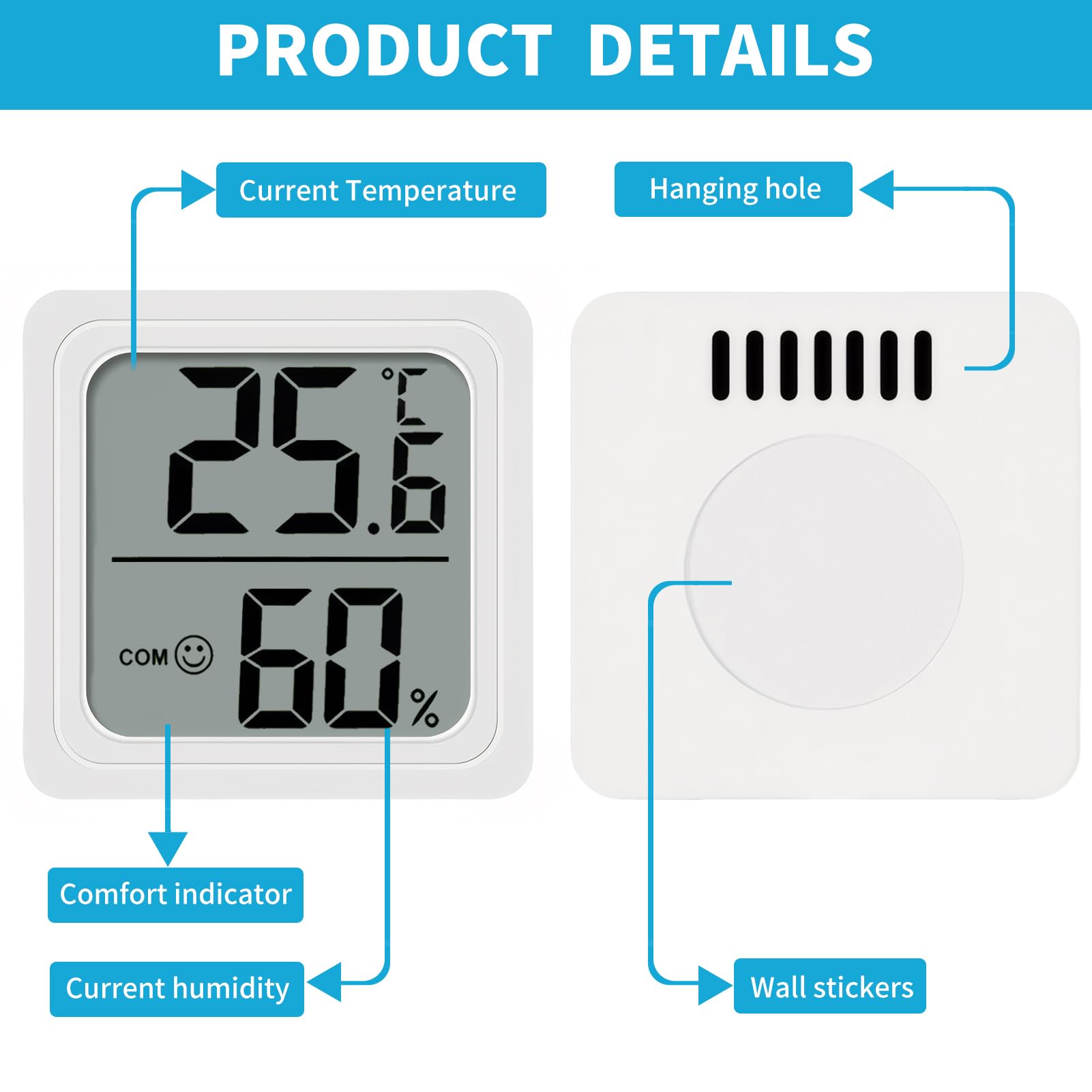 4PCS Room Thermometer, Digital Room Hygrometer Accurate Temperature Humidity Meter Gauge Monitor Indoor Humidity Meter Large LCD Display Celsius for House Greenhouse Baby Office Garden Cellar (White) — view 3
