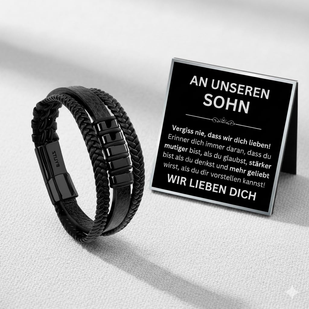 Leder Armband personalisiert mit LED Geschenk-Box An meinen Sohn Mann Schatz Geschenk mit Glückwunschkarte für Männer Herren Jugendliche Jungen Geburtstag Weihnachten