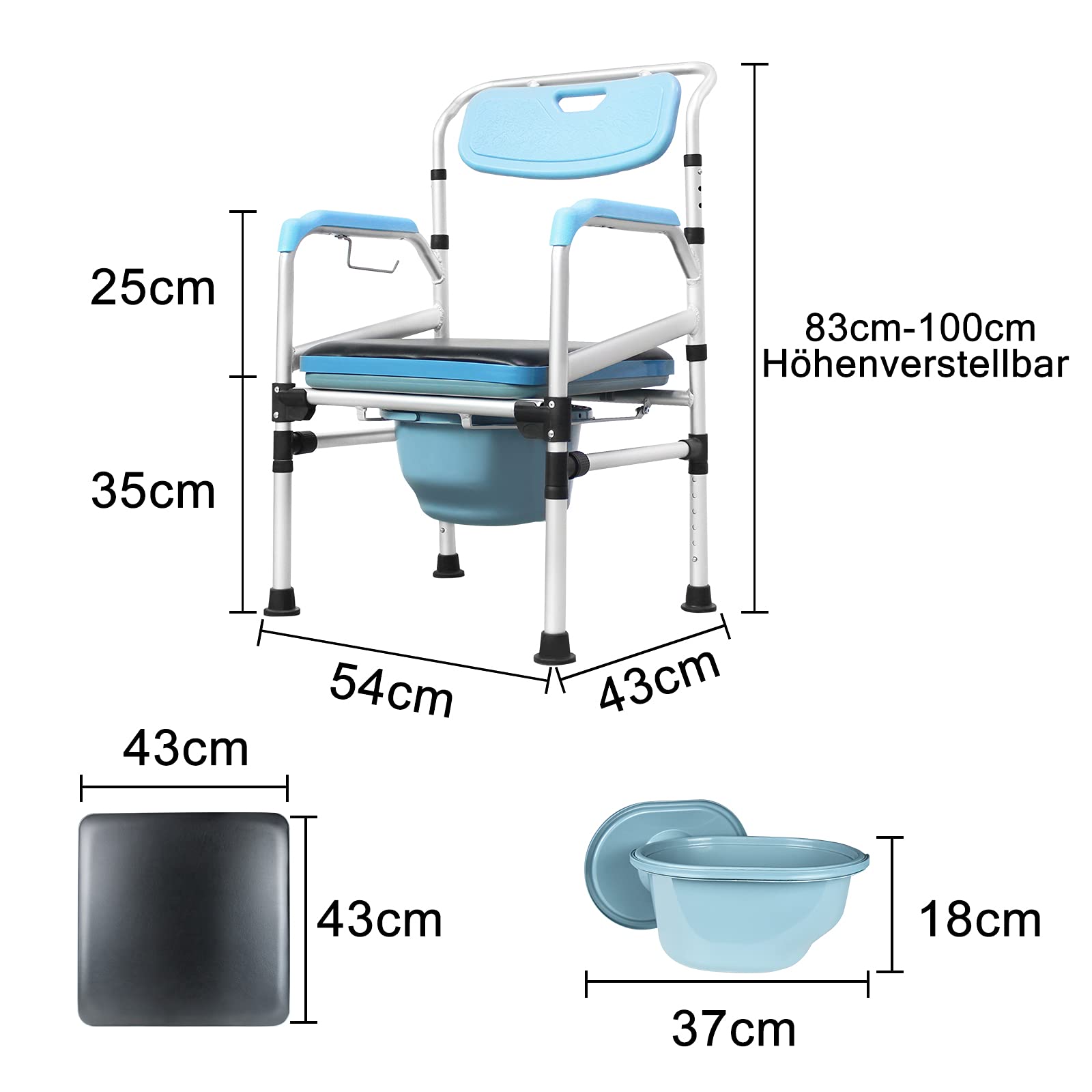 NAIZY silla con inodoro silla de inodoro ajustable en altura con cubo de inodoro, silla de cabecera de ducha antideslizante, ayudas para el baño, silla de ducha con reposabrazos