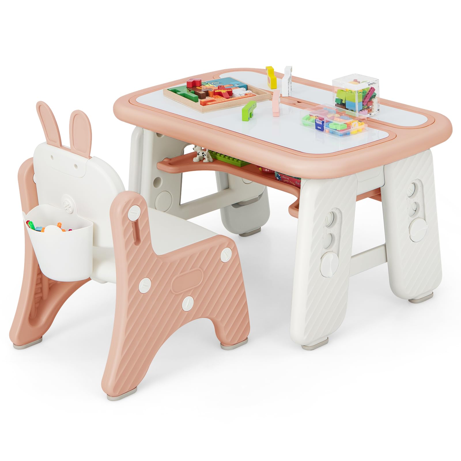 LIFEZEAL Table Enfant avec Chaise Lapin, Bureau Enfant avec Hauteur Réglable et Etagère, Table à Dessin Magnétique Effaçable avec Stylos, Gomme, Lettres, Charge de 70/68 kg, 1-12 Ans (Rose)