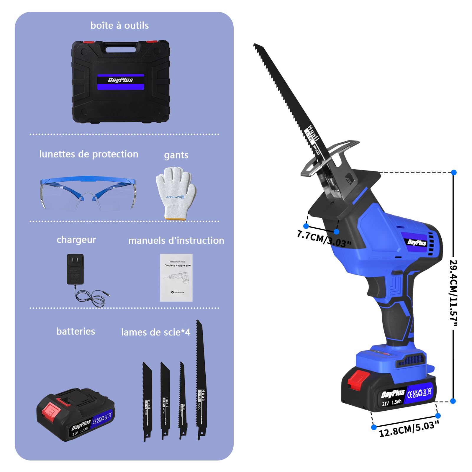 Scie Sabre Sans Fil 21V, 900W Scie Sabre,Vitesses Réglables 0-2800RPM,2×1.5Ah Batteries, 4 lames de scie,Lumière LED, changement de lame de scie sans outil, pour couper le bois et le métal