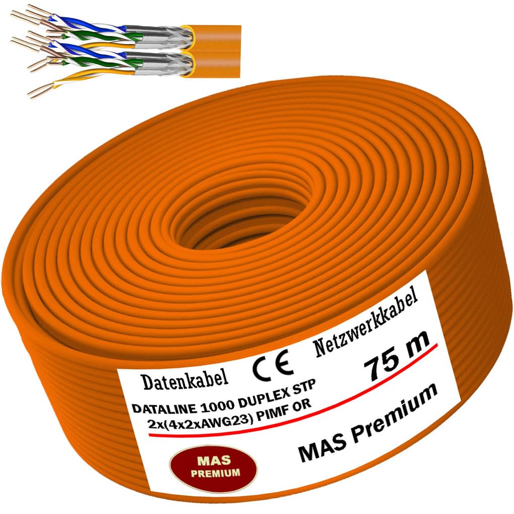 MAS Premium Cavo dati CAT 7 o CAT 7 A, da 5 m a 500 m, cavo di rete, senza alogeni, cavo di comunicazione, cavo LAN (DATALINE 1000 STP 8X2XAWG23 OR, 75 m)