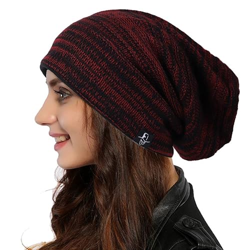 Ruphedy Women Slouchy Beanie Hat Knit Long Baggy Slouch Skull Cap for Winter - Red/Mulit