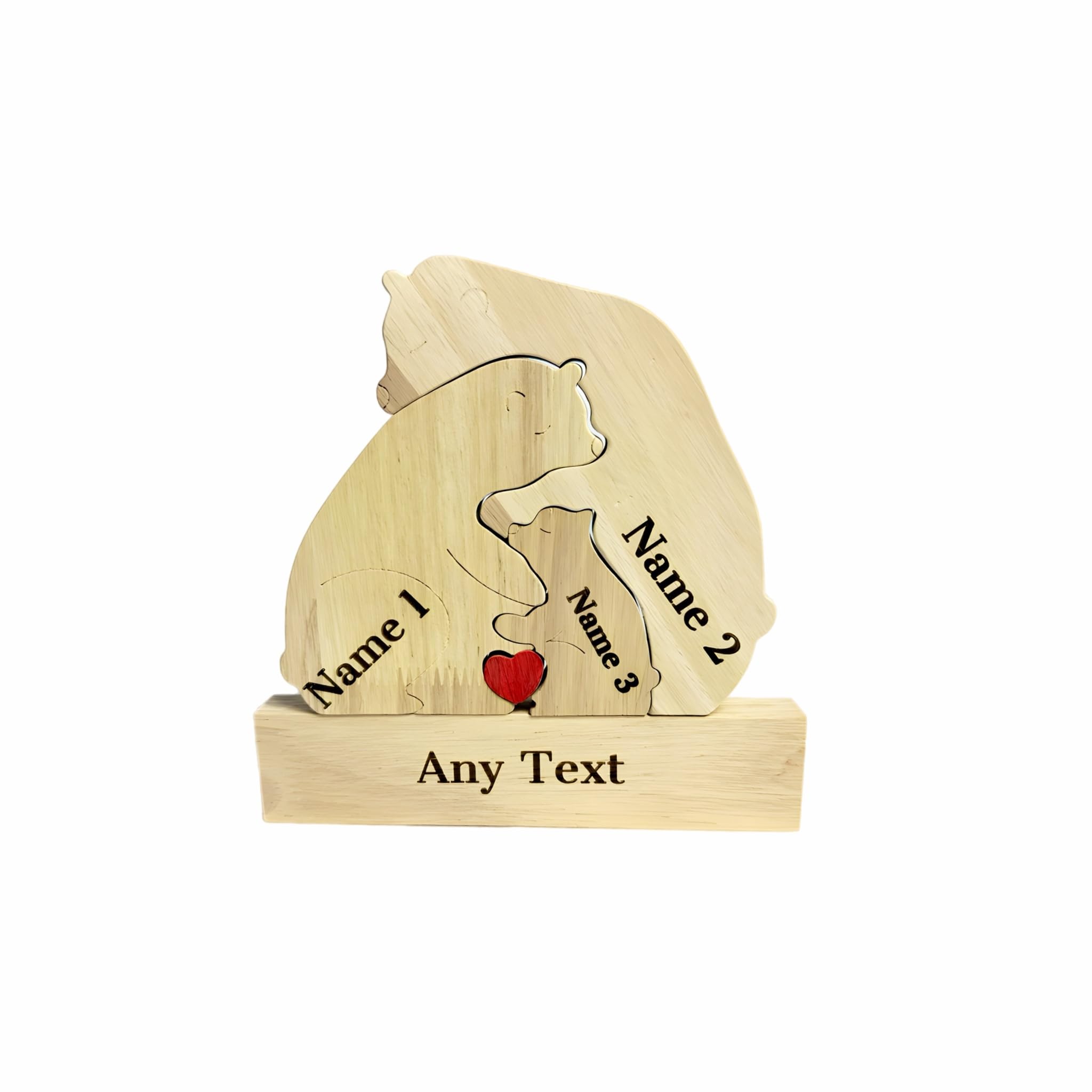 Personalised Wooden Bear Family Puzzle, Natural Wood Construction, 3 Bears Design with Heart Detail, Customizable Names, Decorative Display Stand Christmas
