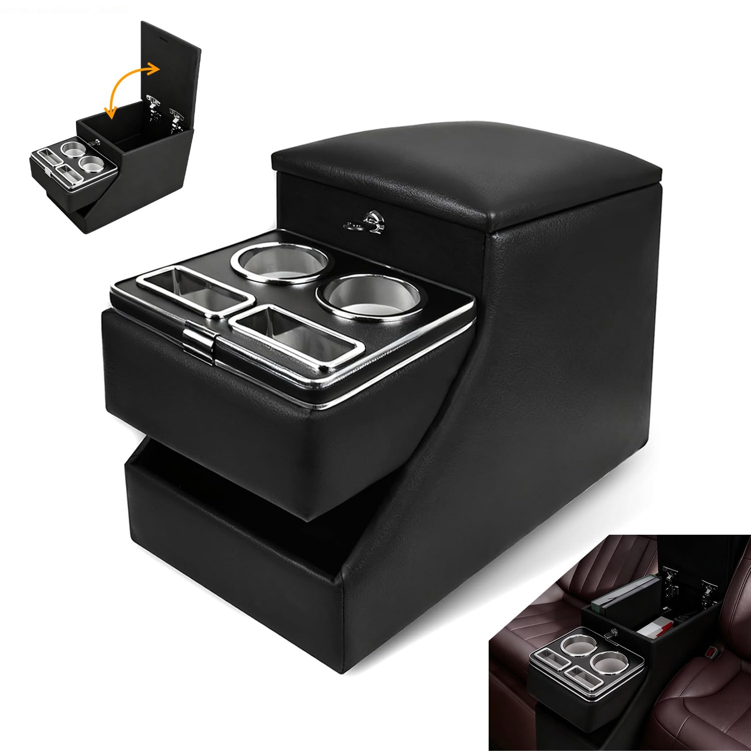20" L x 9.65" W x 13.78" H, 24L Center Console Between Seats for Minivans, SUVs &amp; Trucks, Floor/Bench Seat Organizer with Locking Hidden Storage, Dual Cup Holders &amp; Armrest