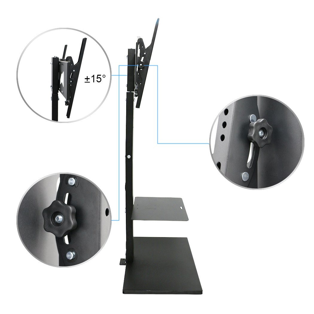 unho Soporte TV Pie, Soporte para TV de Suelo 32"-65" Inclinable y Giratorio de 15˚ Altura Ajustable con 2 Estantes de Metal para Pantalla LED LCD Plasma Carga Máx 30kg VESA 600x400