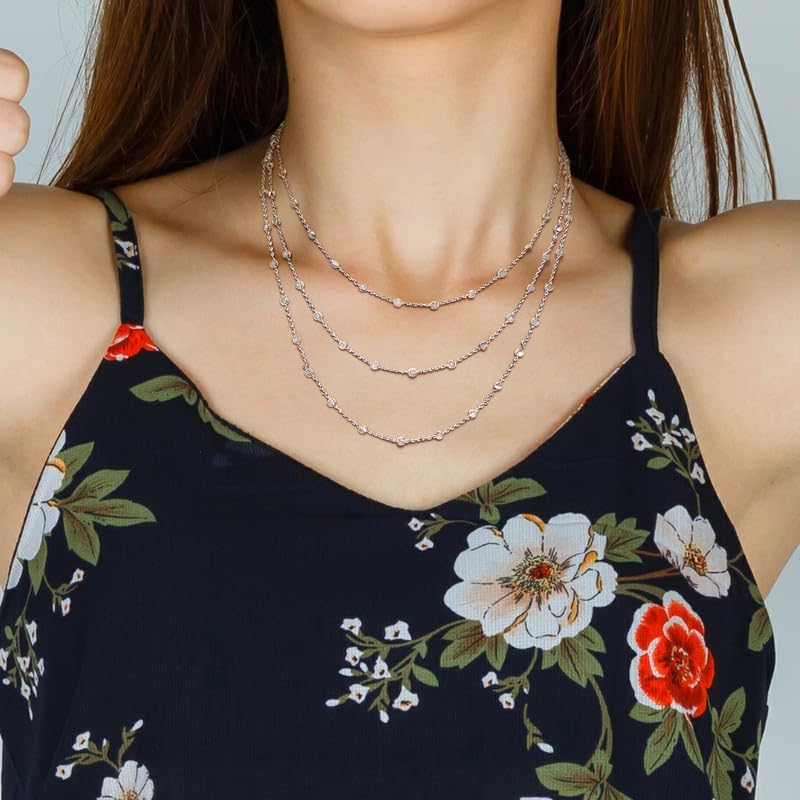 Women's 3-Strand Station Ball Necklace - Sterling Silver, Yellow Gold Flashed Plated, Rose Gold Flashed Plated, or Multi-Tone - Adjustable 16"+2" Extender