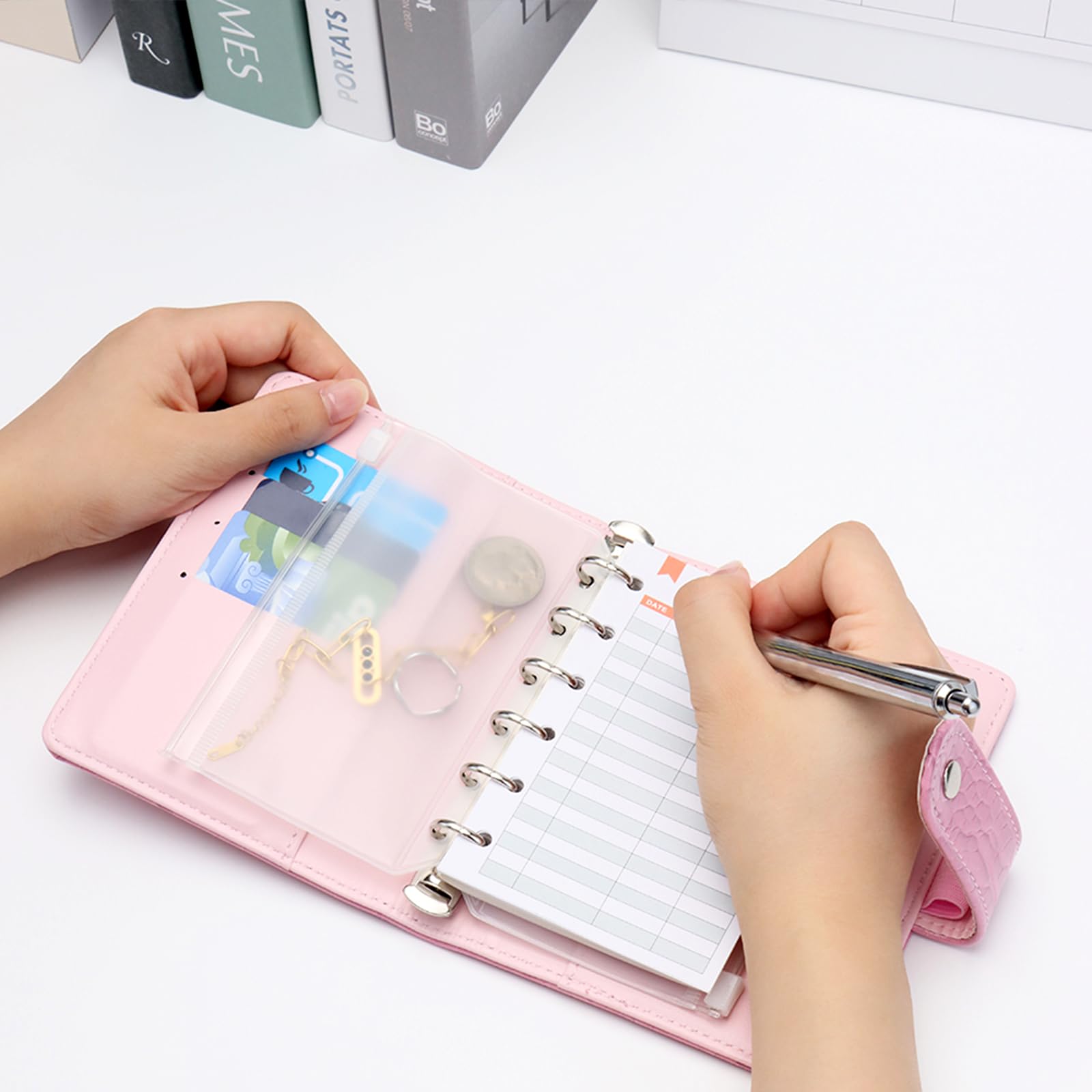 NatSumeBasics Raccoglitore A7 con Portafoglio per Buste di Contanti in Pelle PU, Raccoglitore di Bilancio con Copertina per Notebook a Motivo Coccodrillo, 6 Anelli per Organizzatore, Diario da Viaggio