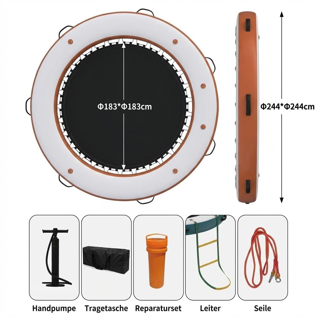 8FT Aufblasbarer Rund-Schwimmsteg Mit 6FT Hängematte, Schwerlast PVC, rutschfeste Oberfläche, 4-7 Erwachsene, Perfekt Für Familien & Wasserpartys, Weiß Orange