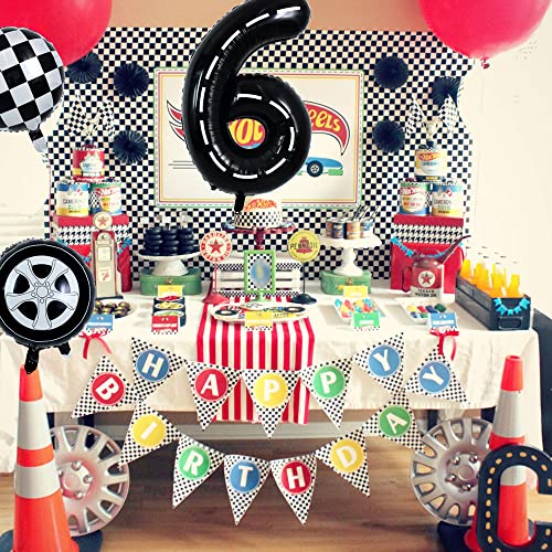 Image of TONIFUL Race Car Black Balloons Car Birthday Party Supplies,40 Inch Giant Jumbo Helium Foil Mylar Big Number 6 Digital 6 Balloons for Boy's Birthday Party Truck Race Car Theme Party Decorations | 6th 16th 26th Race Car Birthday Party Supplies Foil Black 6 Balloon for Boys Men Fast Checkered Flag Party Decor