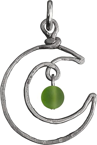 Frosted Lime Green Sea Glass Hammered Metal Moon in Antique Brass, Bronze, Copper, Silver, Gunmetal, Enamel Black, Gold, Rose Gold, Crescent Moon