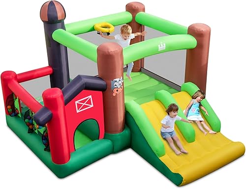 Miniatura 9 de HONEY JOY Casa inflable con temática de granja, casa inflable para niños en interiores y exteriores, toboganes dobles, estacas de suelo, casa de