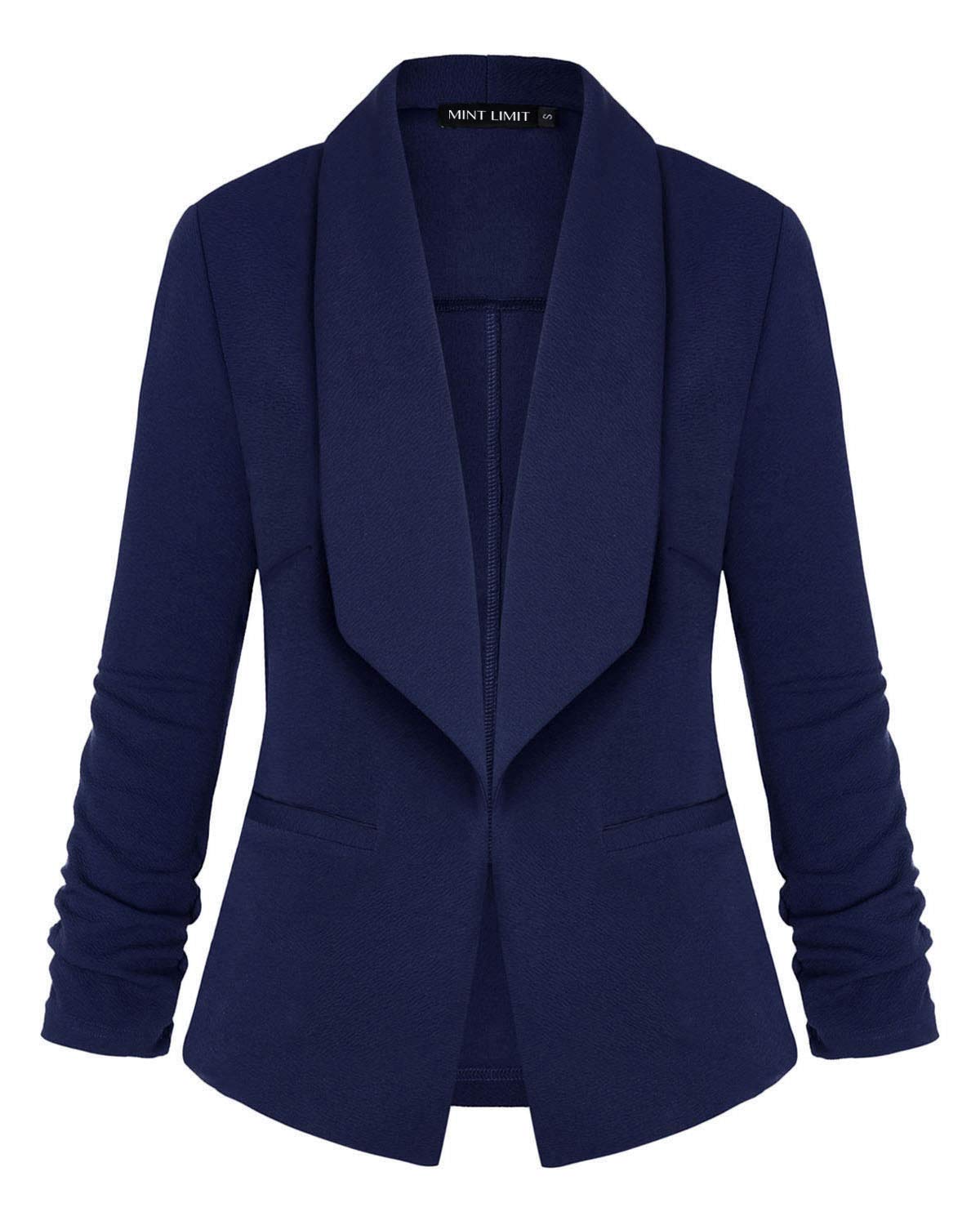 Mintlimit Women's Navy Blue 3/4 Ruched Sleeve Blazer Open Front Lightweight Office Cardigan Jacket(,Size M)