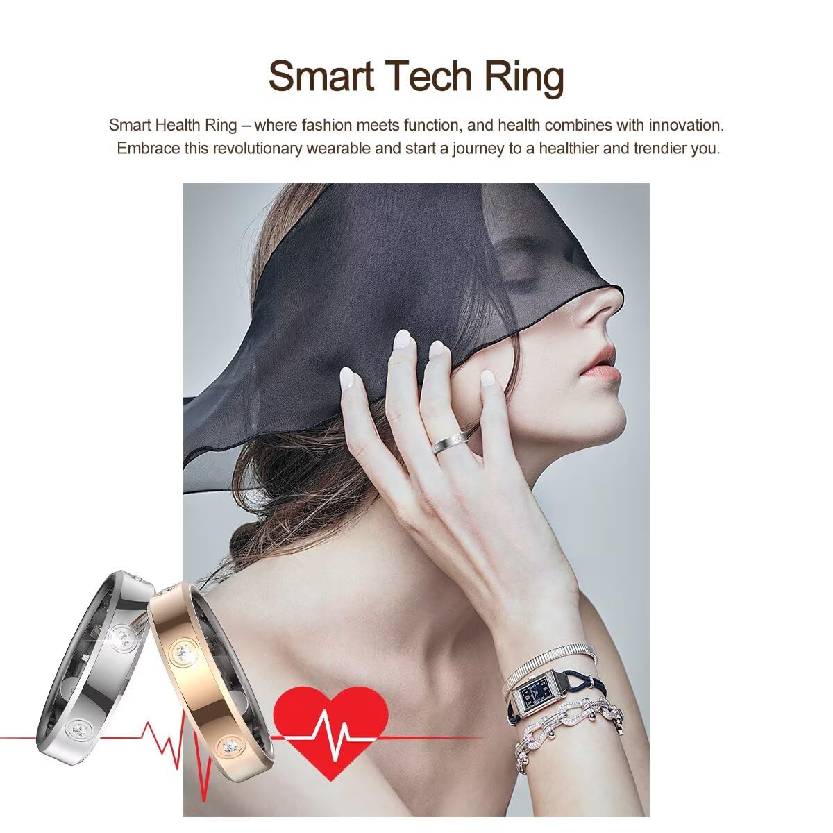 Bague intelligente fine or rose argent pour homme et femme - Tracker Android iOS - Podomètre - Fréquence cardiaque - Calories - Tracker d'activité - Anneau intelligent - Anneau de sommeil