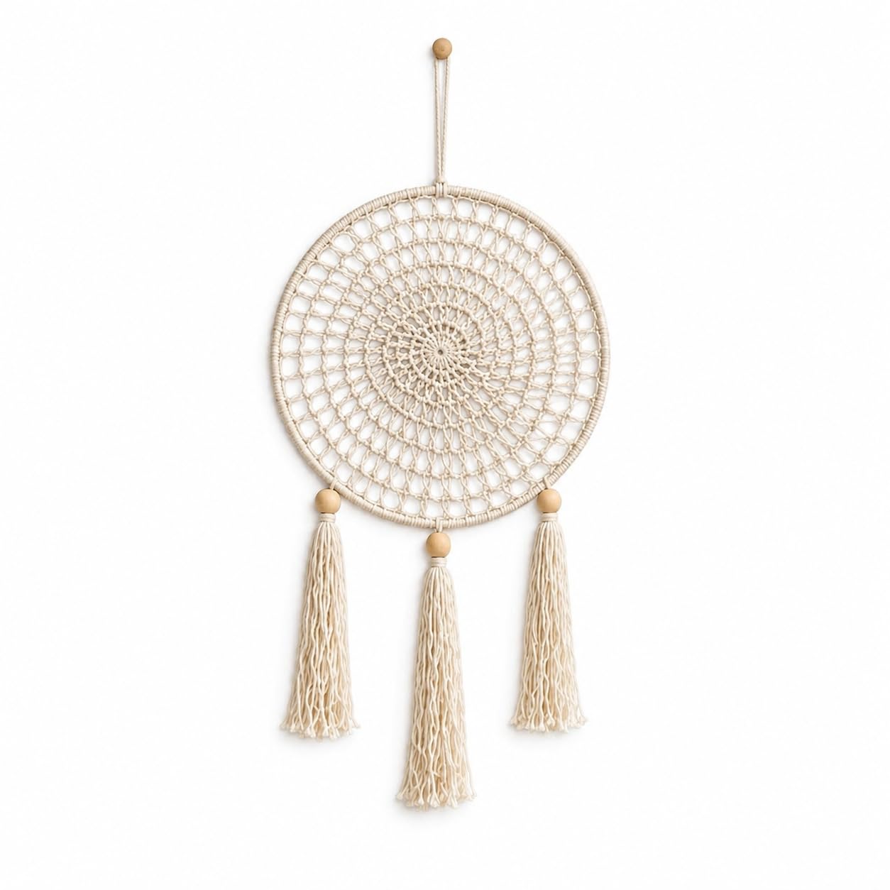 Macrame Dream Catcher Wall Hanging with Tassels and Wood Beads | Boho Home Decor, Handmade Crochet Weave, 3 Fringe Tassels, Bedroom & Living Room, Ready to Hang-picture-10