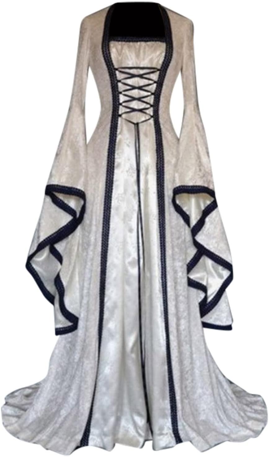 Medieval Attire Women Retro Style Solid Color Trumpet Sleeve Long Gown Victorian Era Renaissance Gown Dress Costume Vintage Carnival Outfit Elegant Ball Attire