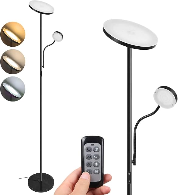 2 LEDs Floor Lamps,Dimmable & Color Temperature, Adjustable,Mother /Main uplighter 20W 1800 lumens,Child/Side Reading lamp 4W 280 lumens,Remote Control,Metal, Black, Tall Standing Modern Pole Light