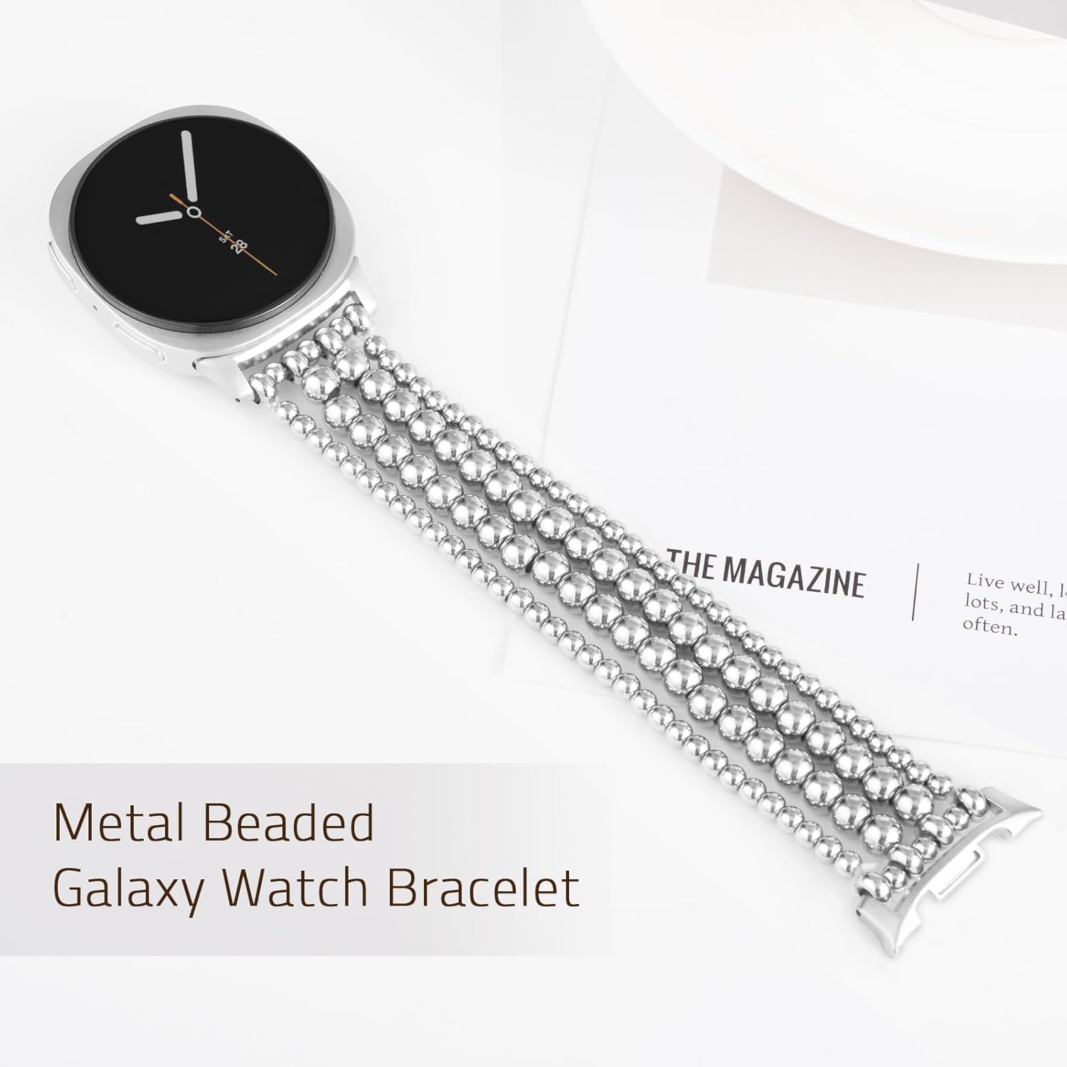 Dressy Beaded Bracelet Compatible with Samsung Galaxy Watch 8 Band 40mm 44mm/8 Classic 46 mm Women, Fashion Cute Strechy Stainless Steel Beads Strap for Galaxy Watch 8 - Image 5