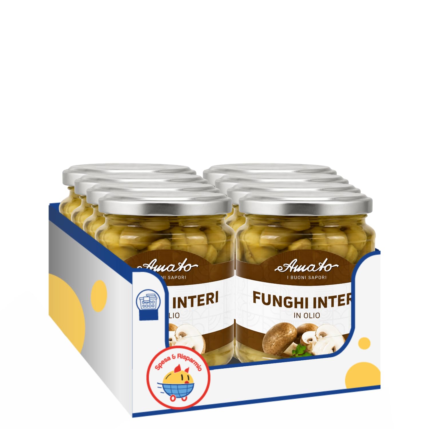 Amato Funghi Interi in Olio di Girasole 314 ml, Funghi Champignon Interi Conservati in Olio, Ideali per Pizza, Insalate, Antipasti, Contorni e Ricette, Confezione Multipla da 4/8/12 Pezzi (12 PEZZI)