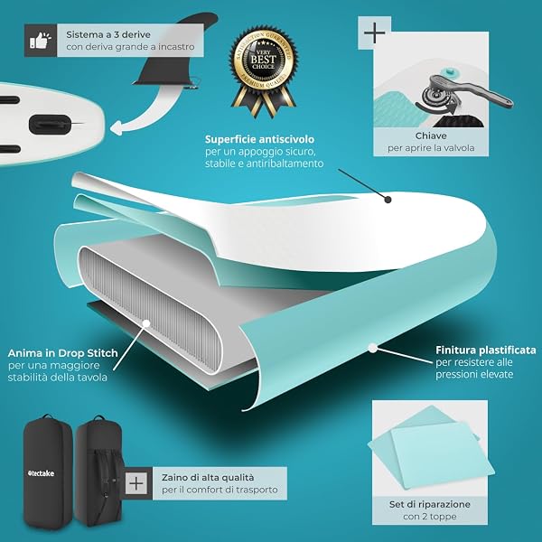 tectake® SUP Gonfiabile, Tavola Stand-Up Paddle Versatile, Materiale Drop-Stitch, 3 Pinne con Pinna Removibile, Pagaia in Alluminio Regolabile, Antiscivolo in Schiuma EVA - 4