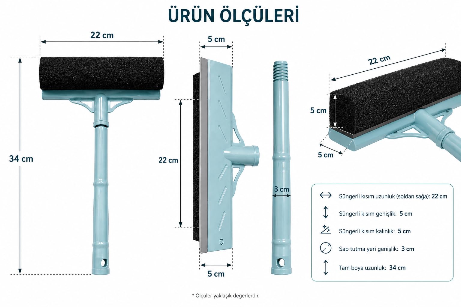 Süngerli Camsil Cam, Ayna, Fayans ve Duşakabin Temizleme Aparatı – Ergonomik Saplı Çekçekli Cam Silme Aparatı, Açık Mavi