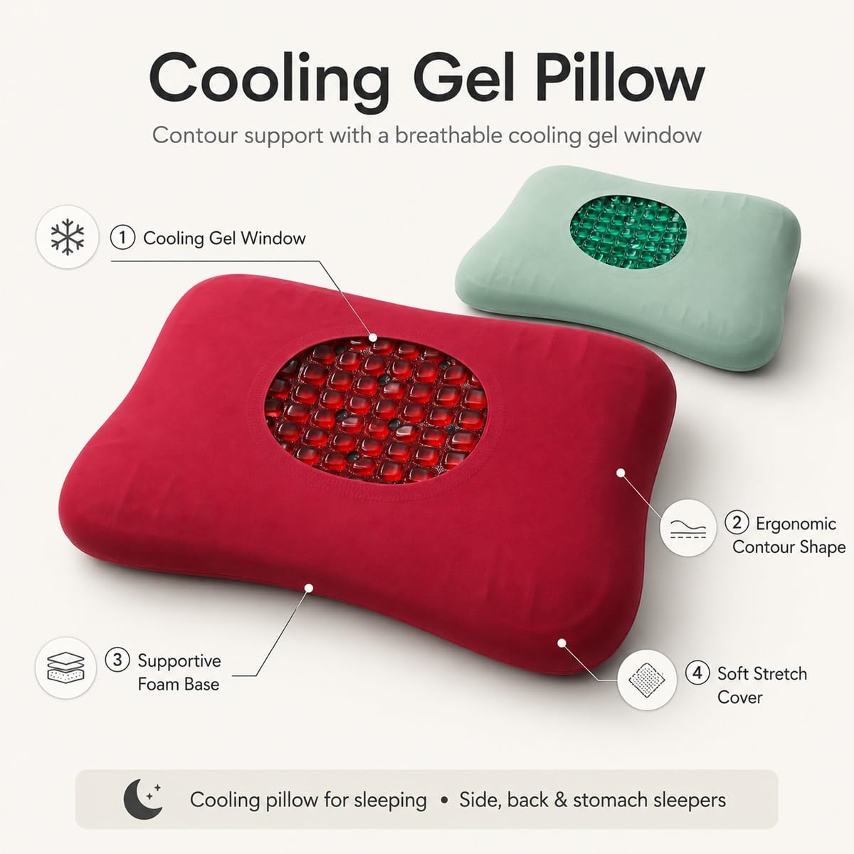 Cuscino Cervicale Ergonomico per Dormire in Gel Rinfrescante 60x40x10 cm | Guanciale Letto Traspirante con Federa Lavabile, Supporto Collo e Spalle per Fianco, per l'uso in casa.(Green)