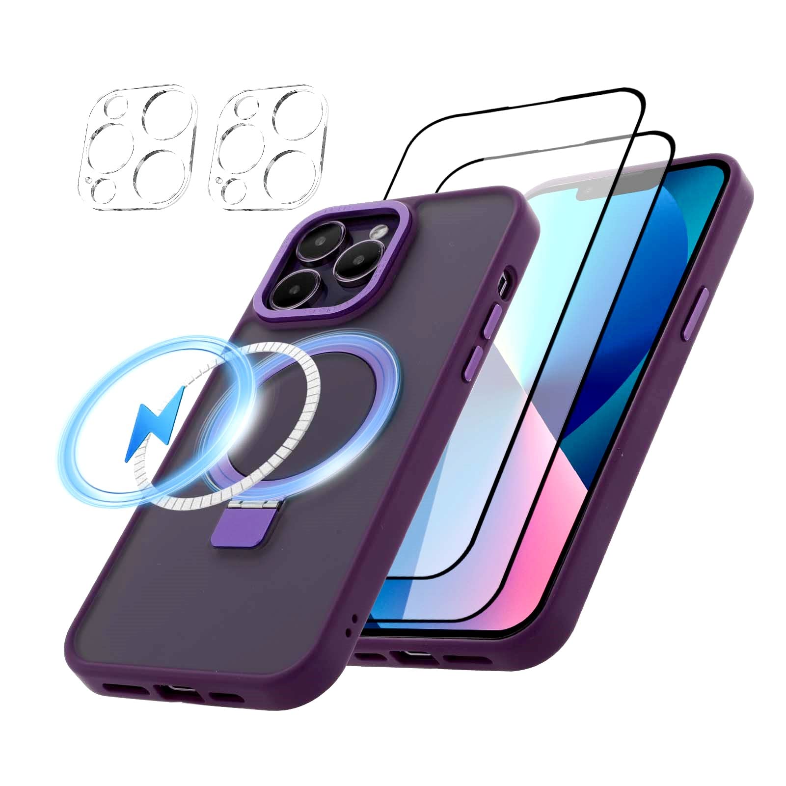 ZIYEMagnetic Case for iPhone 13 Pro Max Case Compatible With Magsafe Kickstand Phone Holder Ring Magnetic Case [2 Screen Protector+2 Camera Lens Protector] Shockproof Slim Thin Stand Phone Cover