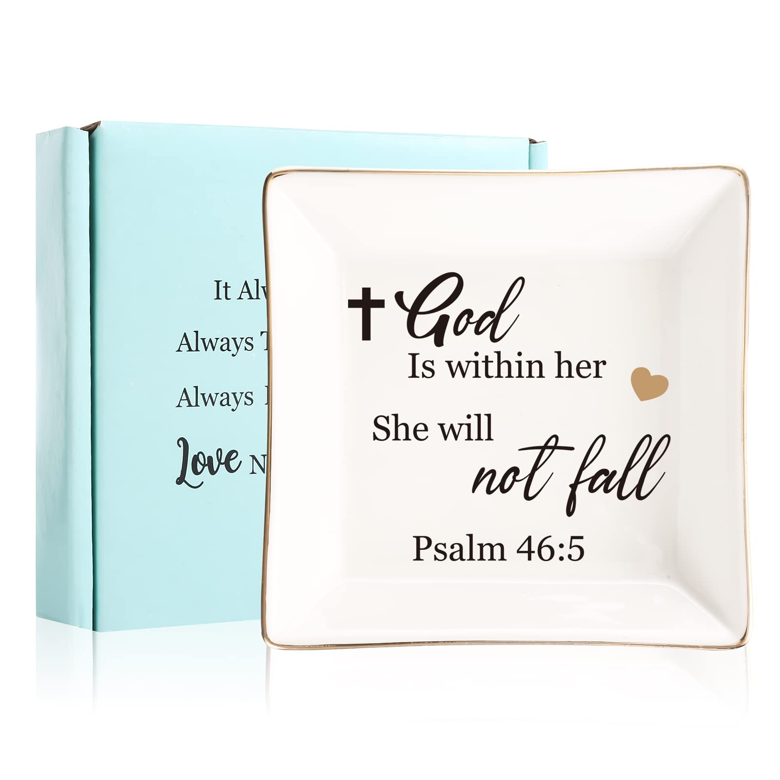 Religious Gifts for Women Christian-Ceramic Ring Dish -God is Within Her She Will Not Fall, Christian Gifts for Mom Sister Aunt