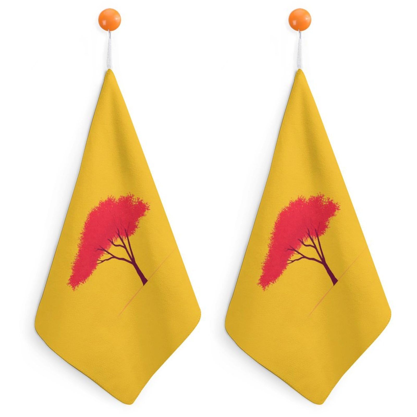 Jubonexis Minimal Red Tree on Yellow Small Hand Towel with Hanging Loop 2 PCS Absorbent Soft Wash Cloth for Kitchen Bathroom