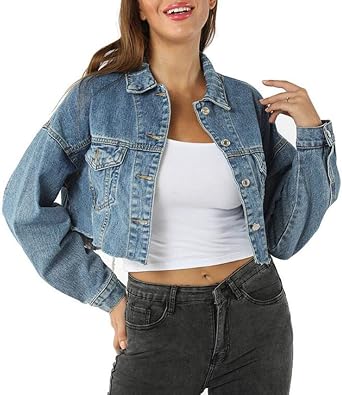 Women's Denim Jacket Distressed Oversized Short Crop Jean Top