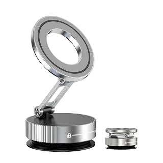 Vacuum Magnetic Phone Holder for Car,Full Metal Body,Vacuum Suction Phone Mount,Magnetic Car Mount for iPhone, Folding Holder for iPhone and Android (Silver) - Amazon product rated Grade A