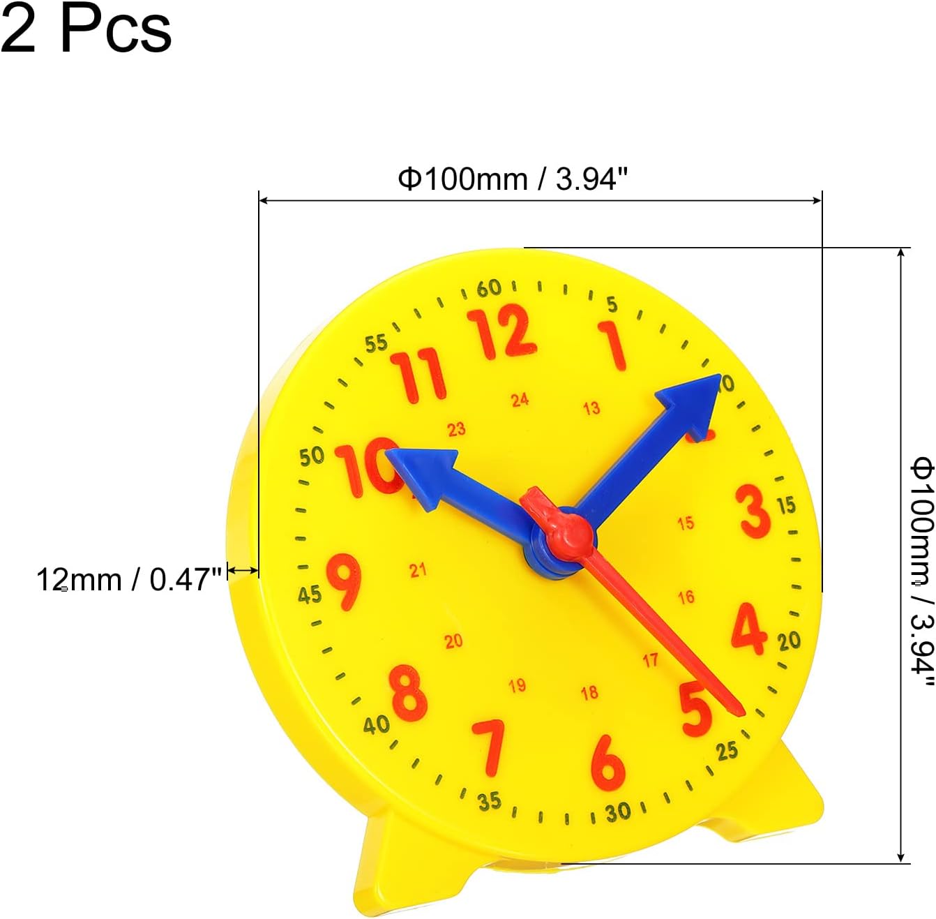PATIKIL 4 inch Teaching Clock, 2 Pack Learn Clock Learning Tell Time Analog Clock Demonstration Clock 24 Hour 3 Pointers Geared Movement for Classroom Teacher, Yellow