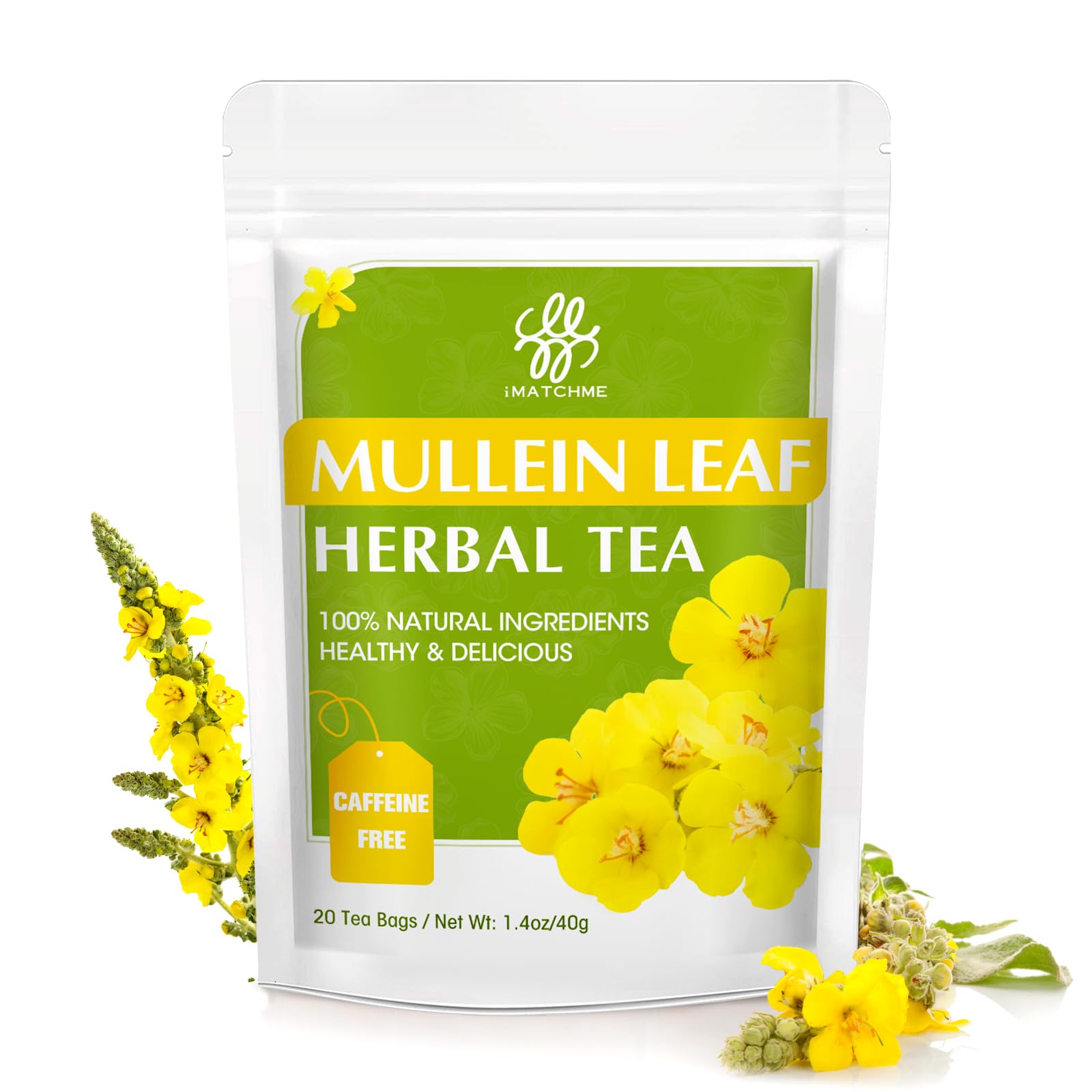 iMATCHME Mullein Tea for Lung Cleanse, Respiratory Support and Mucous Membranes, Natural Healthy Herbal Tea, No Caffeine, Non-GMO, 20 Tea Bags
