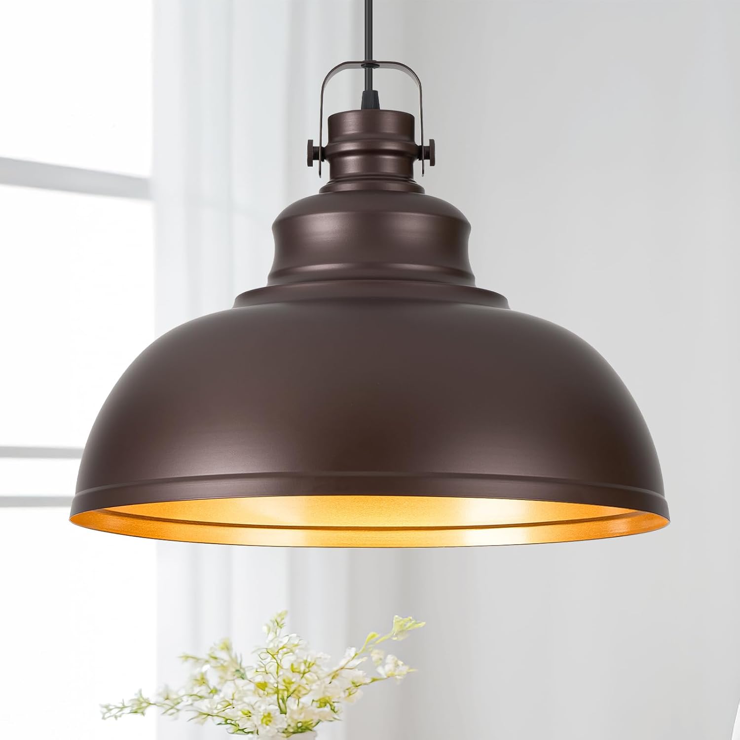 Refice 16 Inch Farmhouse Pendant Lights Kitchen Island Oil Rubbed Bronze Pendant Lighting Industrial Dome Island Pendant Lights, Adjustable Height, Hanging Lights, Dining Room, Barn