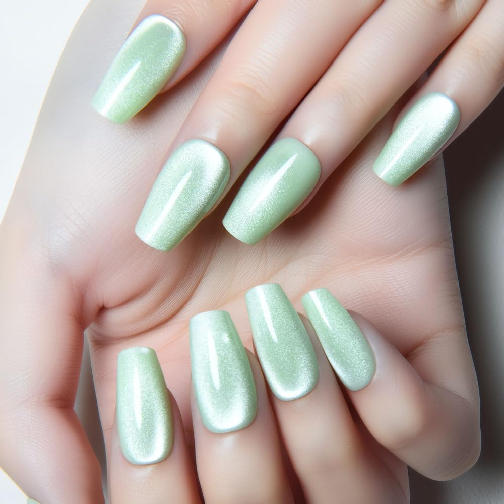 evpct Light Green Cat Eye Coffin Press on Nails - Glossy Summer Style