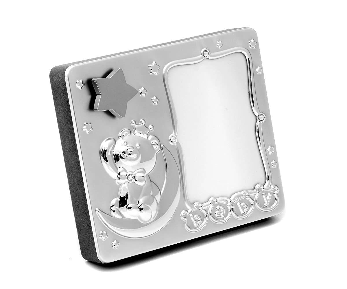 Brillibrum Silver Design Picture Frame With Music Box -Plated Christening Gift Baby Photo Keepsake Baby Music Box Lullaby Twinkle Little Star (Engraving Up To 15 Characters)