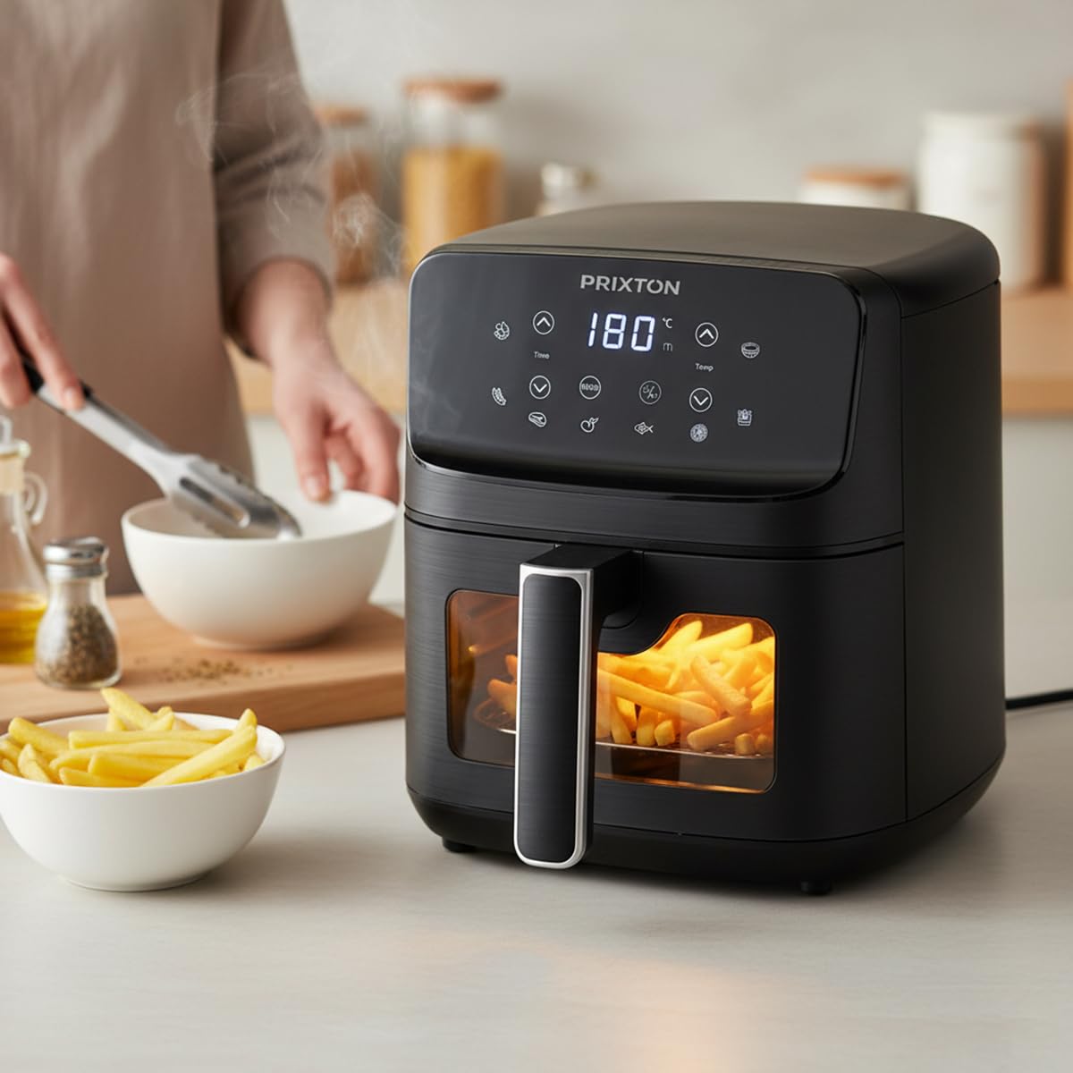 PRIXTON Freidora de Aire Cook Organics 4,2 L sin Aceite, 8 Programas, Pantalla LED Táctil, Ventana con Luz, 1500 W, Temperatura 80–200 °C, Temporizador 60 min