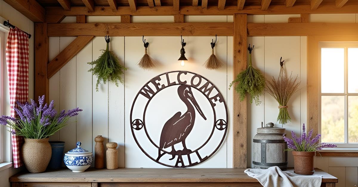 30″ Antique Copper Pelican Welcome Sign – Large Rustic Metal Wall Art for Indoor Outdoor Decor, Round Front Porch Wall Plaque with “Welcome Y’all” Design
