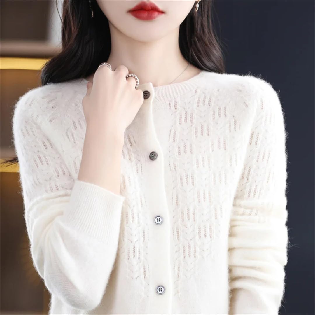 Cardigan da donna in lana merino, a maniche lunghe, traforato, senza cuciture, in cashmere, lavorato a maglia