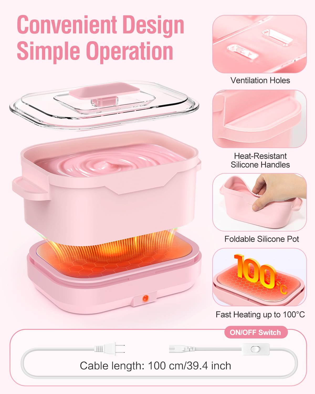 Silicone Wax Warmer for Hair Removal, Foldable Waxing Heater Machine for Melting Hard Soft Wax Beads, 18.6oz Electric Waxing Kit Silicone Wax Pot - Beginner Friendly, Fast Heating, Easy to Clean