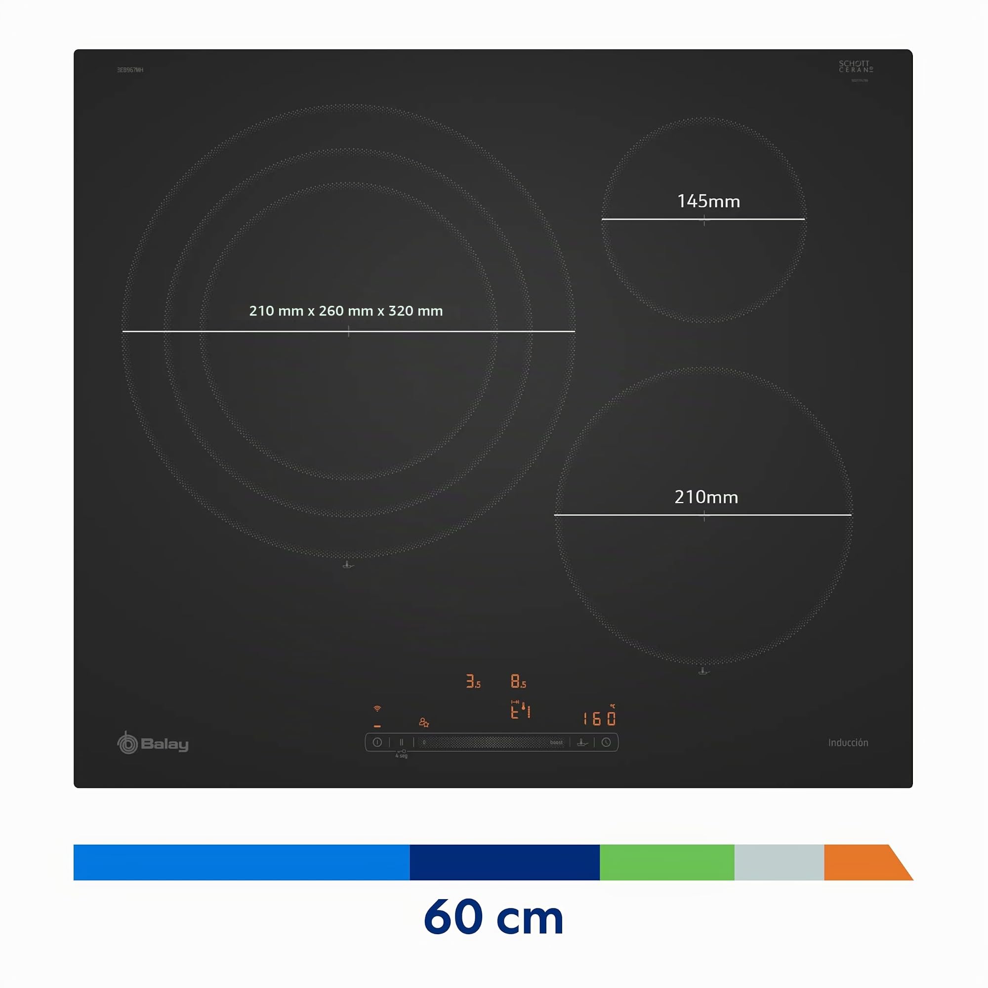 Balay, Placa de inducción, 3 fuegos, Home Connect, negro mate, 3EB967MH | Controla tu placa desde el móvil gracias a Home Connect y gestiona la temperatura de forma precisa con el Control deslizante.