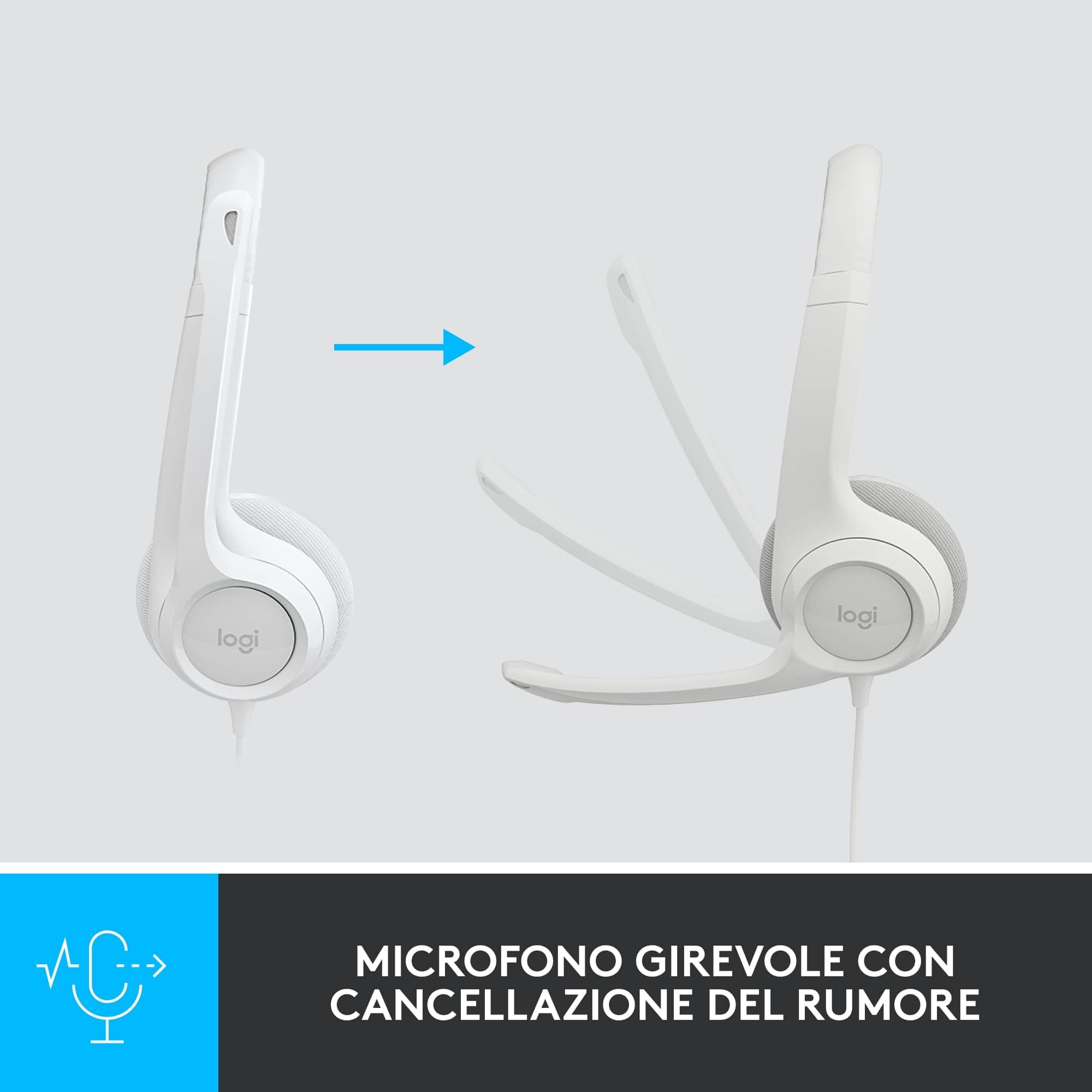 Logitech H390 Cuffia con Cavo per PC/Portatile, Auricolari Stereo con Microfono con Cancellazione del Rumore, USB-A, Comandi Integrati, Compatibile con i Chromebook, Bianco