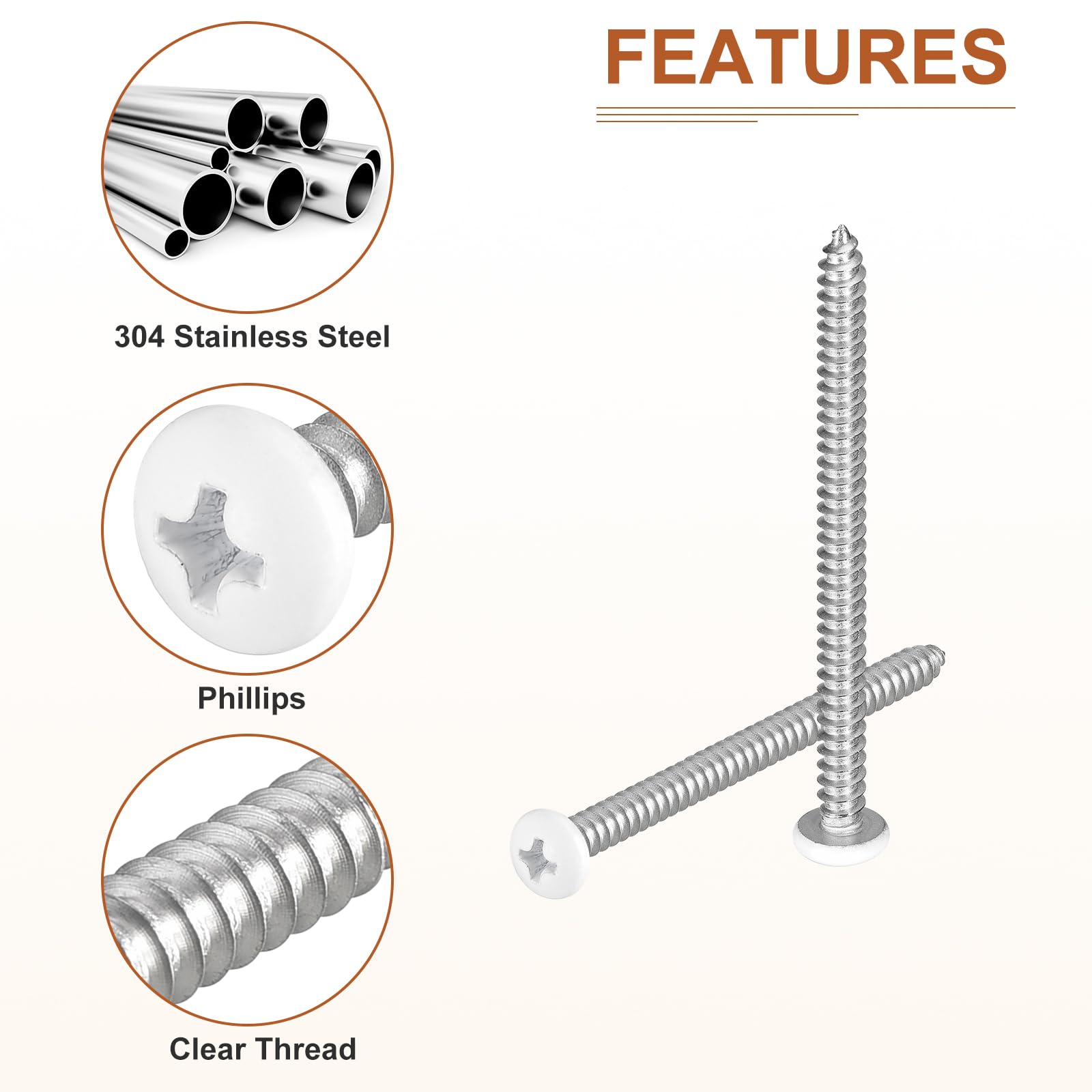 DTGN #10x2-1/2" White Screws 100Pack - 304 Stainless Steel Pan Head Phillips Sheet Metal Screw Self-tapping Screw Wood Screws - Image 4