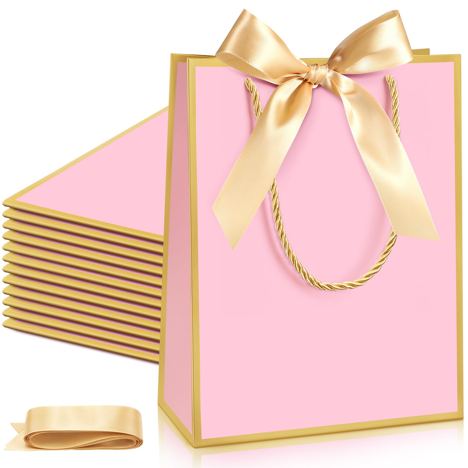 Silkfly 12 Pcs Wedding Paper Gift Bags with Handle 9x7x3.15'' Thank You Gifts Bags with Ribbon Bow Bridal Shower Gifts for Baby Shower Graduation Holiday Birthday Party Supplies (Pink,Gold) โ image 1