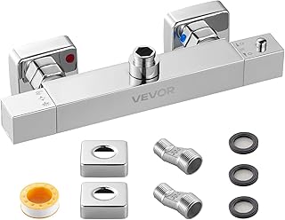 VEVOR 38℃ Safety Lock Thermostatic Shower Mixer Tap Hot and Cold Water Thermostatic Shower Faucet 2 Holes Silver Chrome Te…